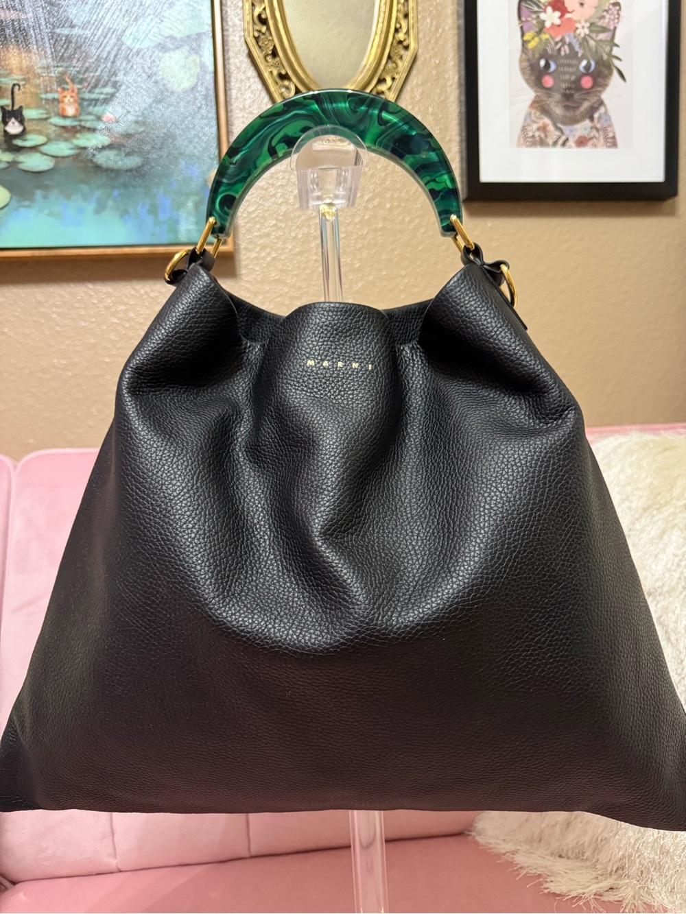 💯Auth! Marni Venice Black Leather Hobo Tote w Green Acrylic Handle/Gold Hardware